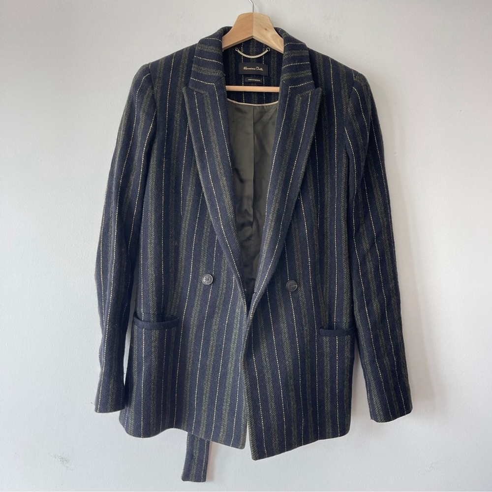 Massimo Dutti Striped Double-Breasted Blazer wool navy green office waist tie 6 - Picture 2 of 11
